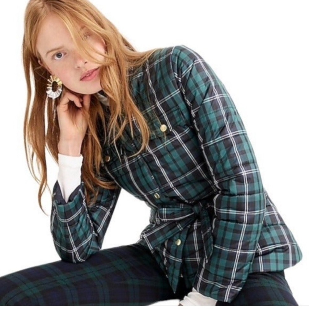 J. Crew Tartan Green Plaid Belted Puffer Jacket Womens Medium Excellent H2747